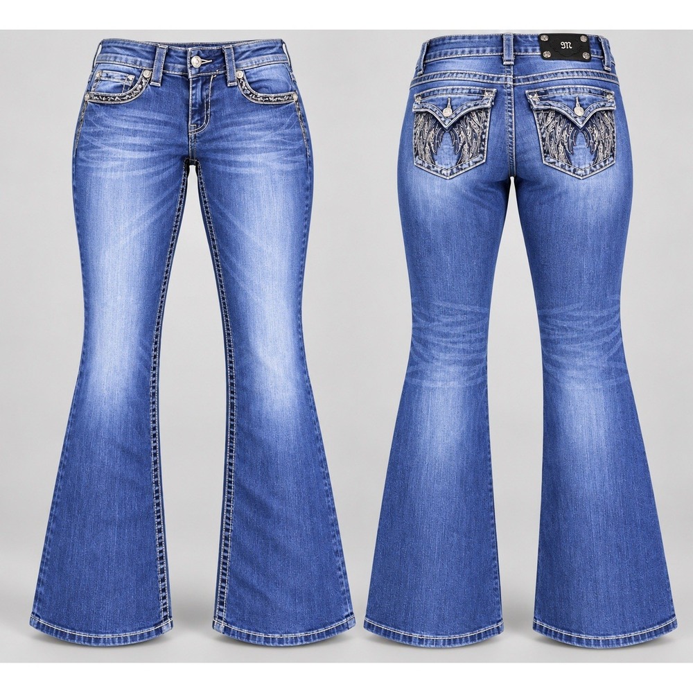 Miss Me boot jeans womens 33 x 31 medium wash low rise angel wings rhinestone